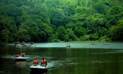 Pookode Lake with small boats on still water, framed by forested hills in Wayanad