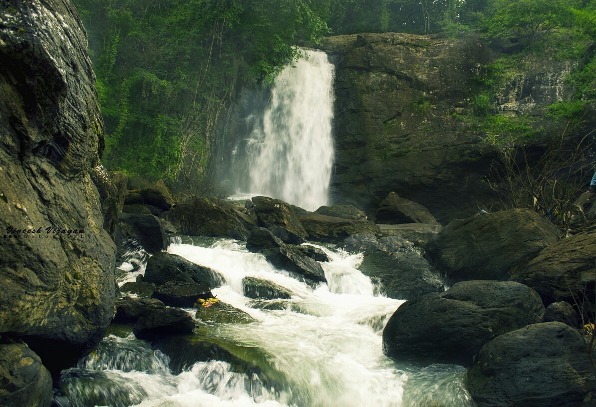 Soochipara Waterfalls dropping over dark rock into a forest stream in Wayanad