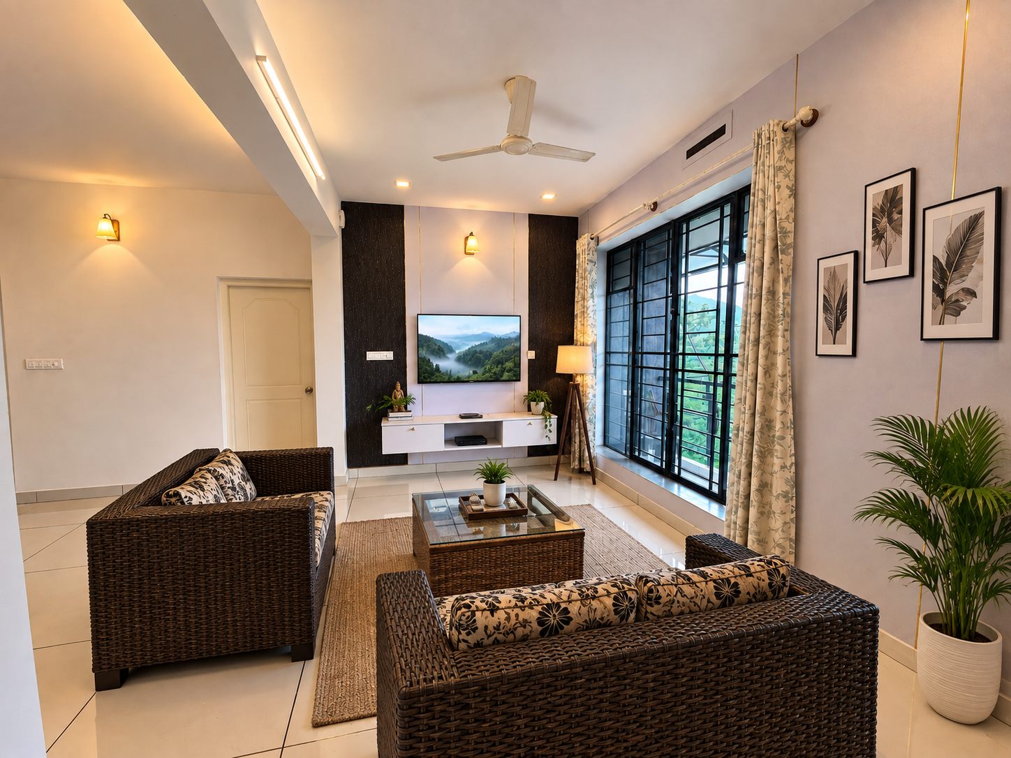 The 1 BHK living room at Green Peaks, with rattan seating and a view to the hills