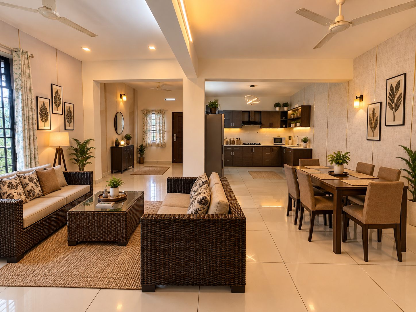 The open 1 BHK living, dining and kitchen space at Green Peaks