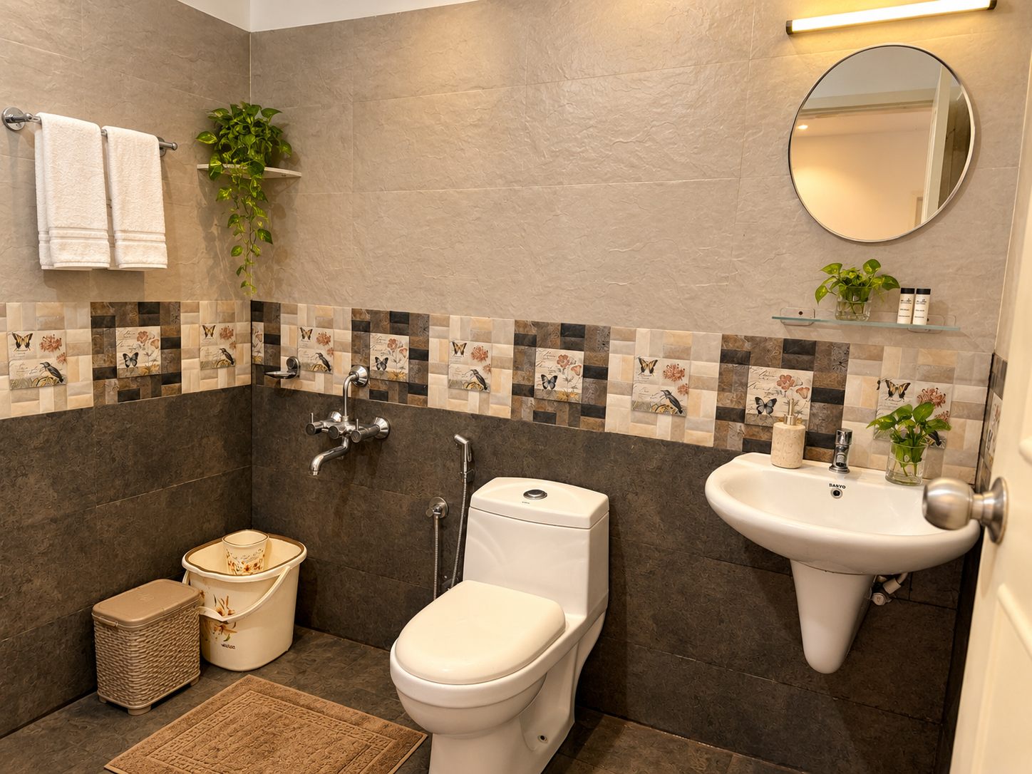 A 2 BHK bathroom at Green Peaks, finished in stone-effect tile with warm lighting