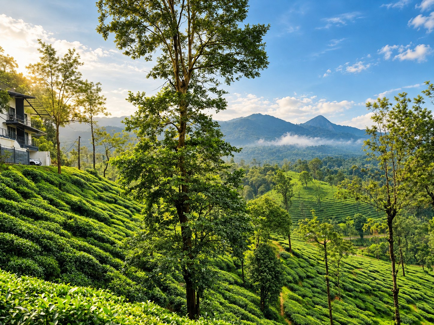 The Green Peaks hillside, with tea slopes falling away toward the Western Ghats